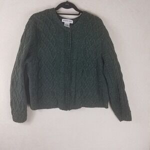 KATHERINE BISHOP Women's Green Cable Knit Sparkle Zip Up Cardigan Sweater Size L